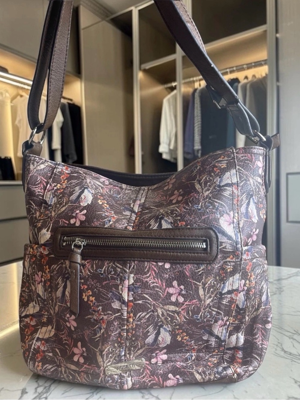Rosetti Floral Crossbody Bag Brown Faux Leather Multi Pocket Purse